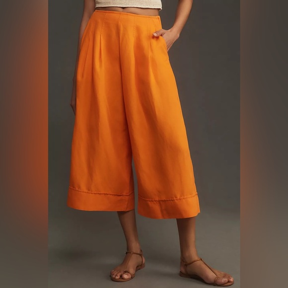 Anthropologie Maeve Linen Pleat-Front Wide-Leg Culottes Orange size 10 - Picture 2 of 16